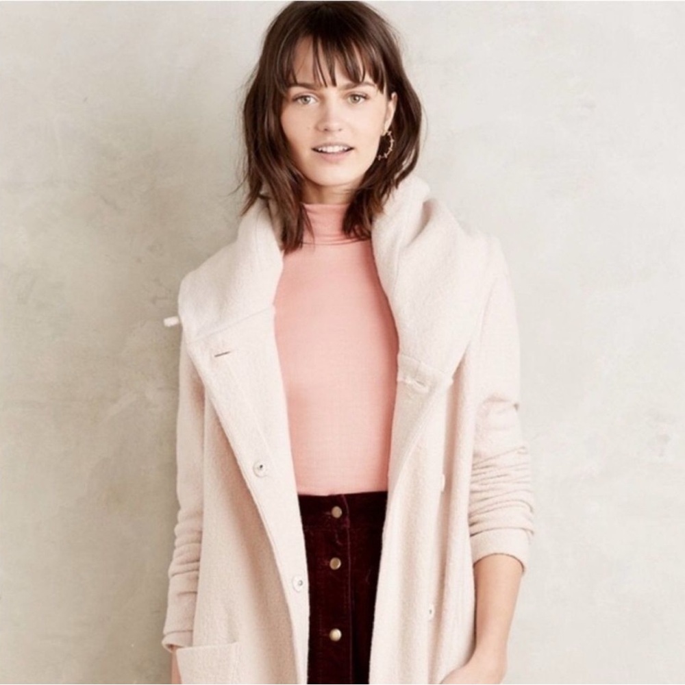 Anthroplogie Moth 100% Wool Cream Pea Coat Hood Buttons Sweater Cardigan Cozy